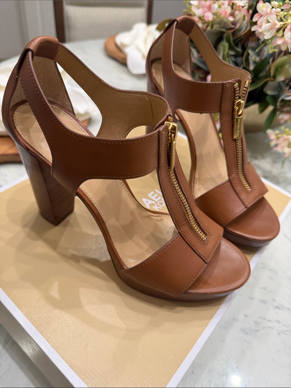 Michael Kors Cognac Brown Leather Zip-Front Block Heel Sandals